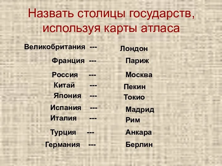 Назвать столицы государств, используя карты атласа Великобритания --- Лондон Франция ---