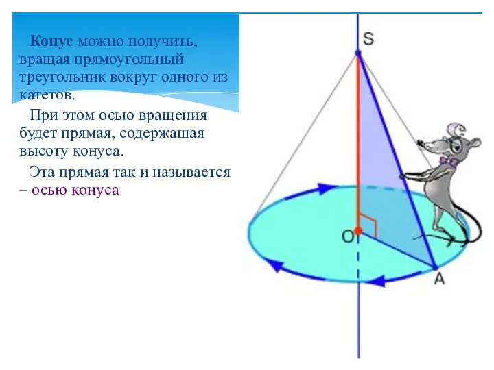 Конус можно получить, вращая прямоугольный треугольник вокруг одного из катетов. При