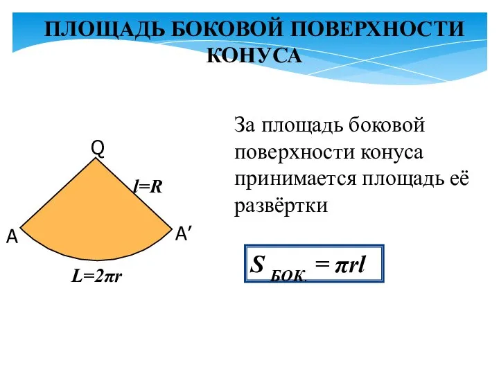 ПЛОЩАДЬ БОКОВОЙ ПОВЕРХНОСТИ КОНУСА За площадь боковой поверхности конуса принимается площадь