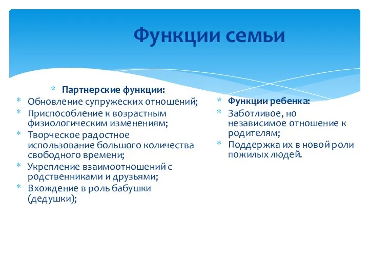 Функции семьи Партнерские функции: Обновление супружеских отношений; Приспособление к возрастным физиологическим