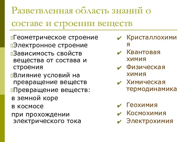 Разветвленная область знаний о составе и строении веществ Геометрическое строение Электронное