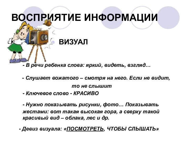 ВОСПРИЯТИЕ ИНФОРМАЦИИ ВИЗУАЛ - В речи ребенка слова: яркий, видеть, взгляд…