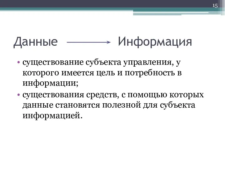 Данные Информация существование субъекта управления, у которого имеется цель и потребность