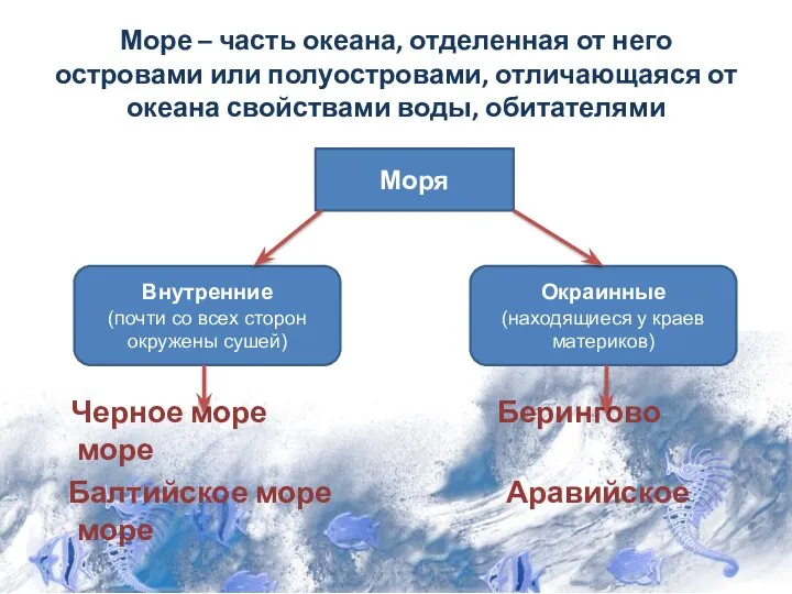 Море – часть океана, отделенная от него островами или полуостровами, отличающаяся