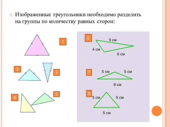 Изображенные треугольники необходимо разделить на группы по количеству равных сторон: 1
