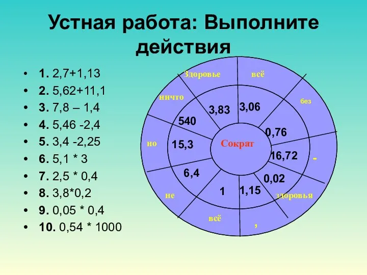 Устная работа: Выполните действия 1. 2,7+1,13 2. 5,62+11,1 3. 7,8 –