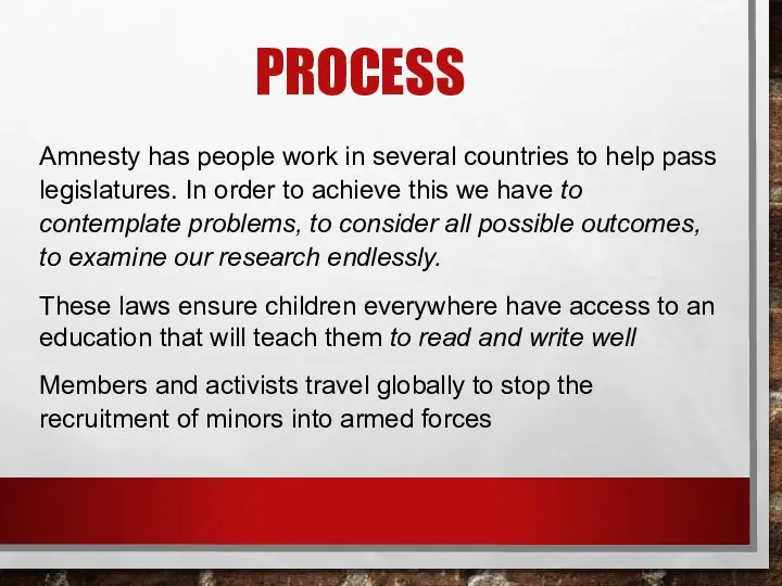 PROCESS Amnesty has people work in several countries to help pass