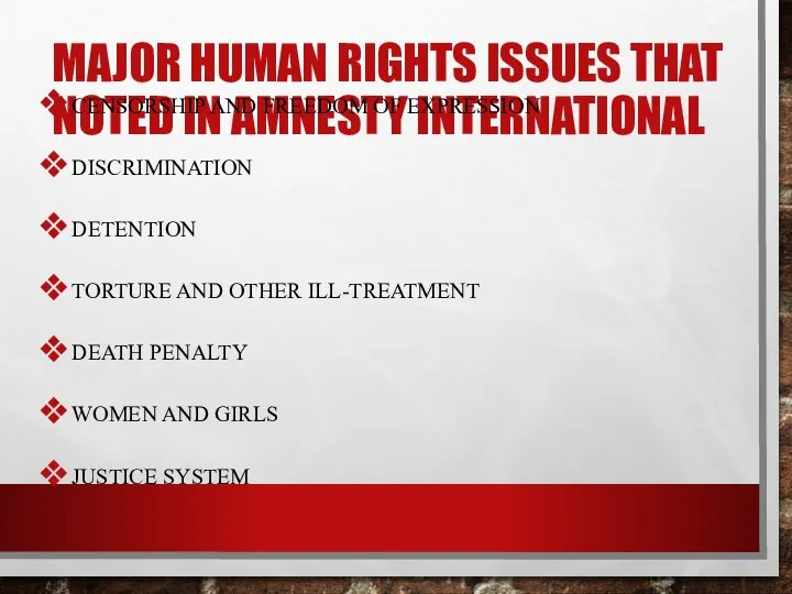 MAJOR HUMAN RIGHTS ISSUES THAT NOTED IN AMNESTY INTERNATIONAL CENSORSHIP AND