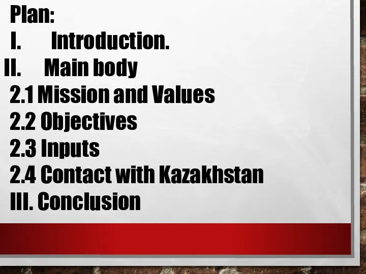 Plan: Introduction. Main body 2.1 Mission and Values 2.2 Objectives 2.3
