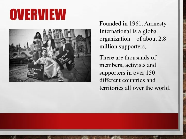 OVERVIEW Founded in 1961, Amnesty International is a global organization of