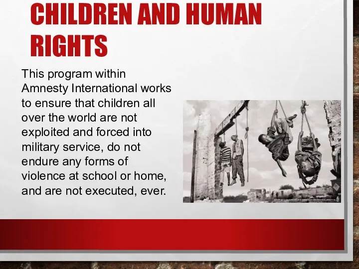 CHILDREN AND HUMAN RIGHTS This program within Amnesty International works to