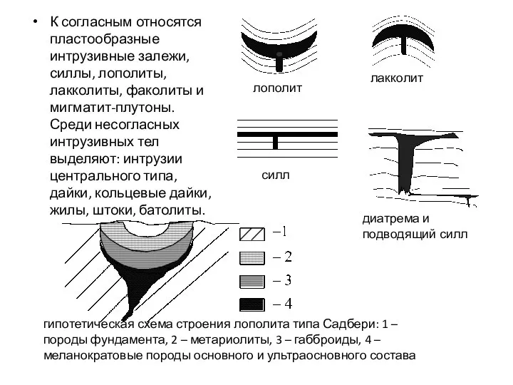 К согласным относятся пластообразные интрузивные залежи, силлы, лополиты, лакколиты, факолиты и