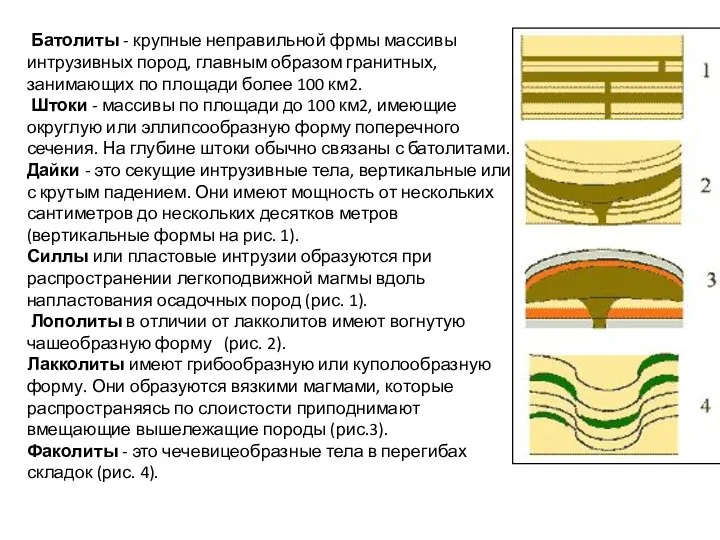 Батолиты - крупные неправильной фрмы массивы интрузивных пород, главным образом гранитных,