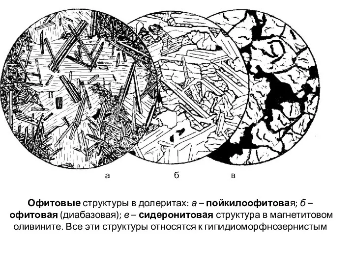 Офитовые структуры в долеритах: а – пойкилоофитовая; б – офитовая (диабазовая);