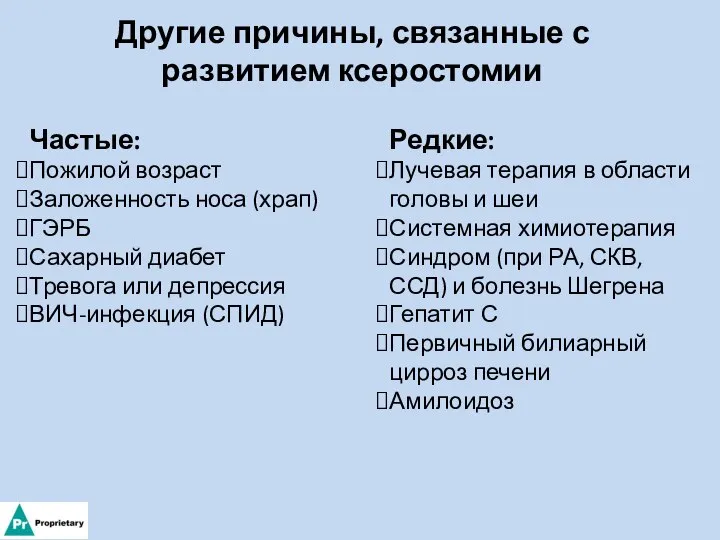 Другие причины, связанные с развитием ксеростомии Частые: Пожилой возраст Заложенность носа