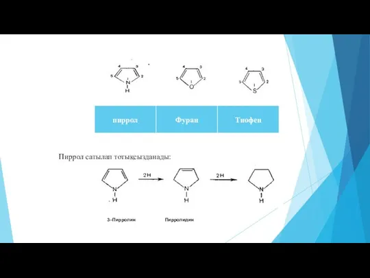 Пиррол сатылап тотықсызданады: 3–Пирролин Пирролидин