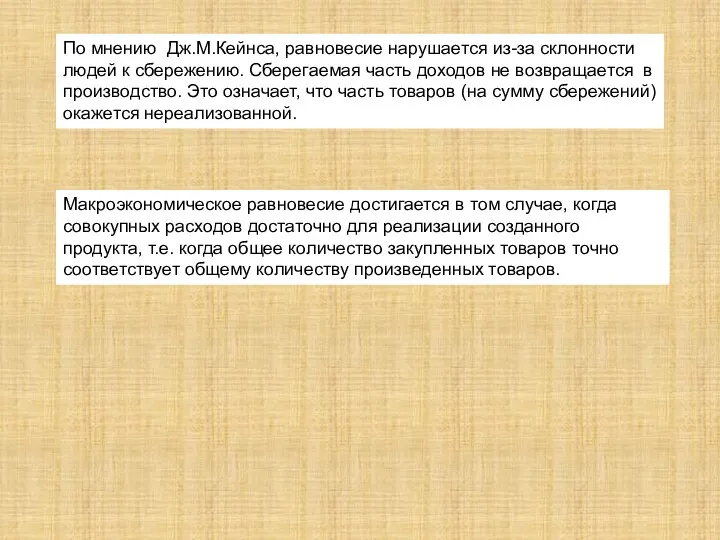 По мнению Дж.М.Кейнса, равновесие нарушается из-за склонности людей к сбережению. Сберегаемая