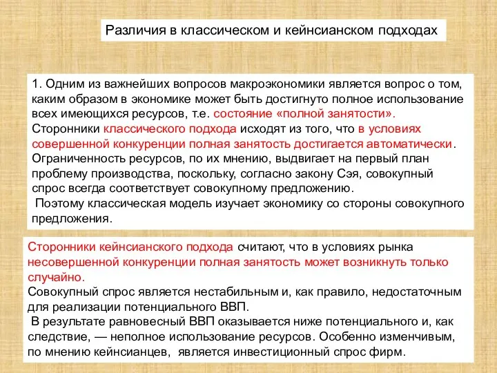 Различия в классическом и кейнсианском подходах 1. Одним из важнейших вопросов