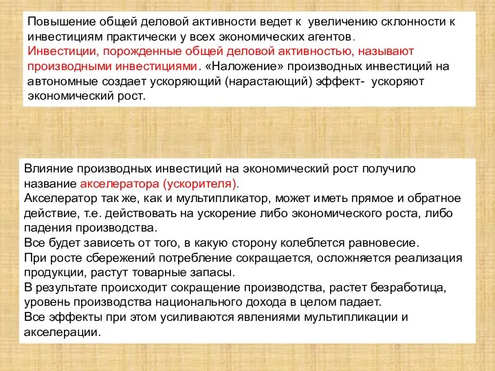 Влияние производных инвестиций на экономический рост получило название акселератора (ускорителя). Акселератор