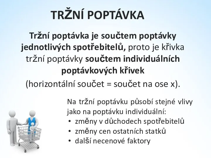 TRŽNÍ POPTÁVKA Tržní poptávka je součtem poptávky jednotlivých spotřebitelů, proto je