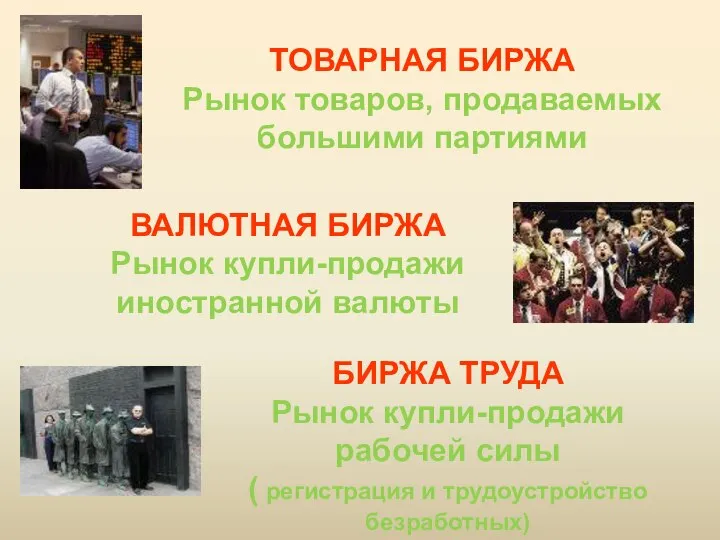 ТОВАРНАЯ БИРЖА Рынок товаров, продаваемых большими партиями ВАЛЮТНАЯ БИРЖА Рынок купли-продажи