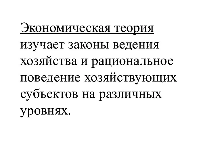 Экономическая теория изучает законы ведения хозяйства и рациональное поведение хозяйствующих субъектов на различных уровнях.