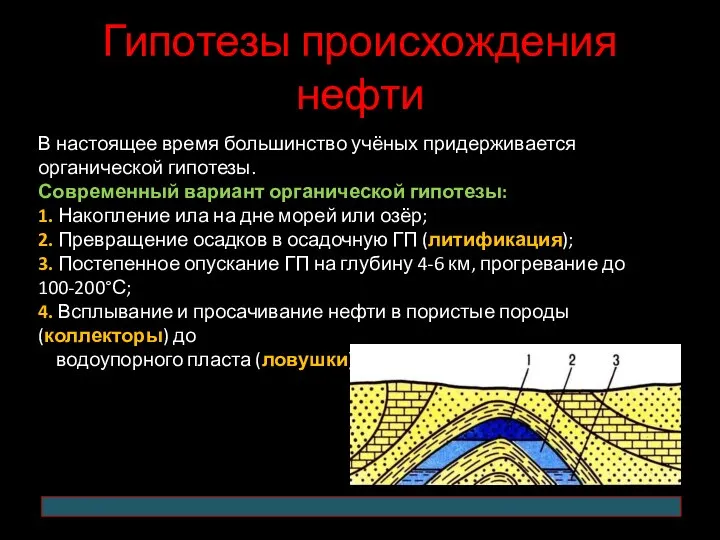 Гипотезы происхождения нефти В настоящее время большинство учёных придерживается органической гипотезы.