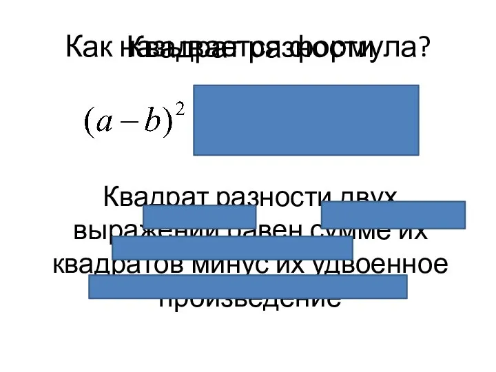 Как называется формула? Квадрат разности Квадрат разности двух выражений равен сумме