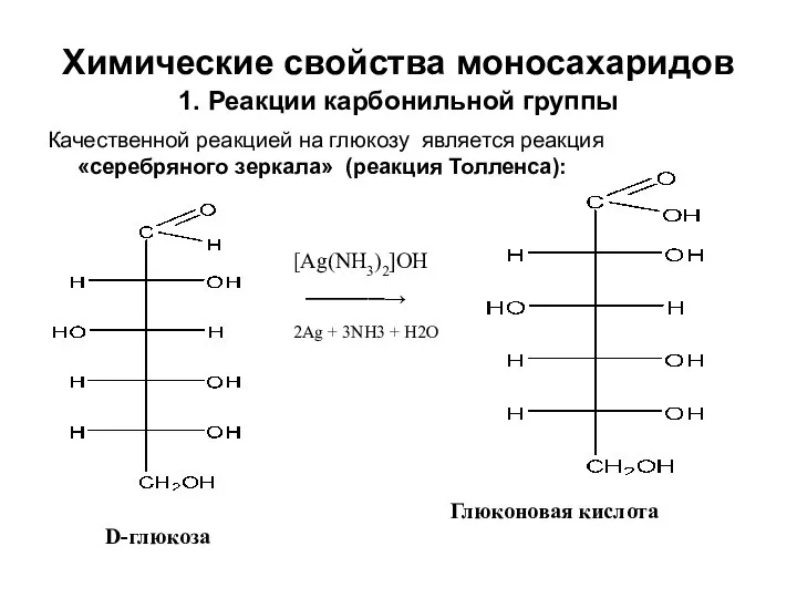 Химические свойства моносахаридов 1. Реакции карбонильной группы Качественной реакцией на глюкозу