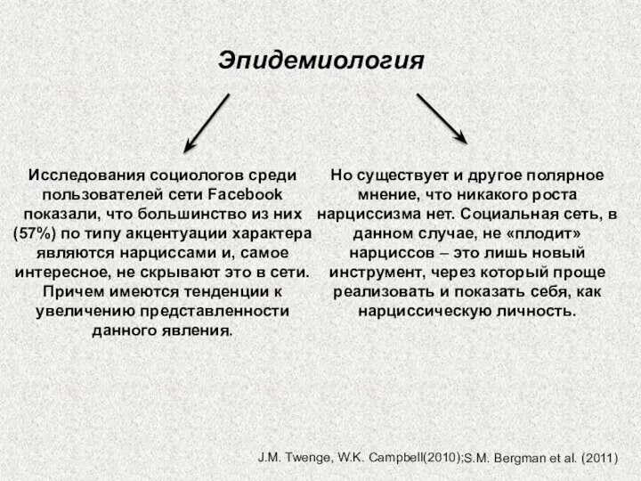 Эпидемиология J.M. Twenge, W.K. Campbell(2010); S.M. Bergman et al. (2011) Исследования