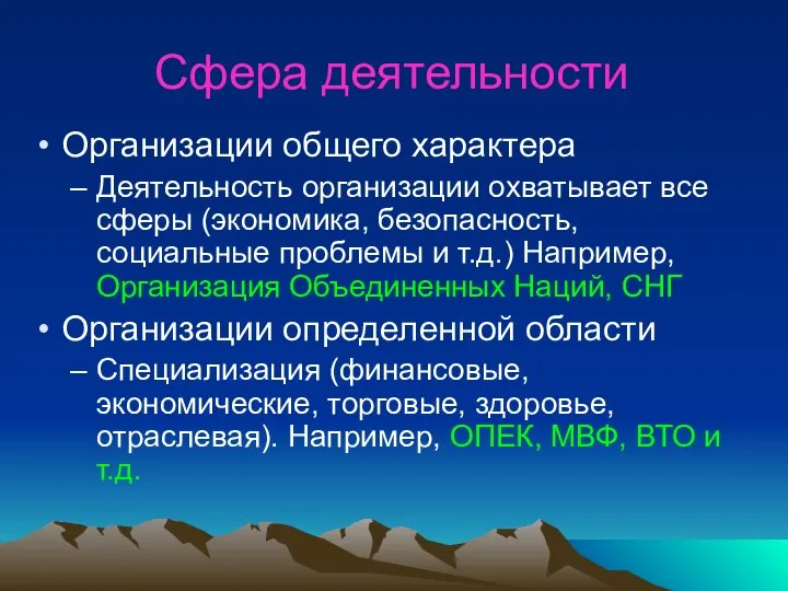 Сфера деятельности Организации общего характера Деятельность организации охватывает все сферы (экономика,