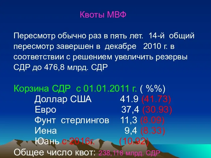 Квоты МВФ Пересмотр обычно раз в пять лет. 14-й общий пересмотр