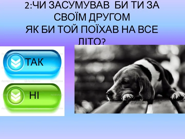 2:ЧИ ЗАСУМУВАВ БИ ТИ ЗА СВОЇМ ДРУГОМ ЯК БИ ТОЙ ПОЇХАВ НА ВСЕ ЛІТО? ТАК НІ