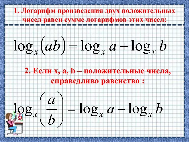 1. Логарифм произведения двух положительных чисел равен сумме логарифмов этих чисел: