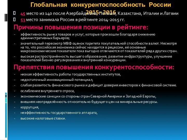 Глобальная конкурентоспособность России 2015-2016 45 место из 140 после Азербайджана, Польши,