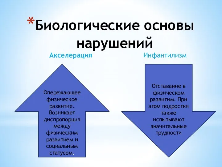 Биологические основы нарушений Акселерация Инфантилизм Опережающее физическое развитие. Возникает диспропорция между