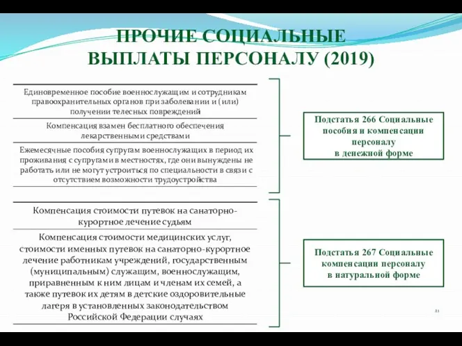 ПРОЧИЕ СОЦИАЛЬНЫЕ ВЫПЛАТЫ ПЕРСОНАЛУ (2019) Подстатья 266 Социальные пособия и компенсации