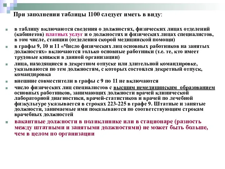 в таблицу включаются сведения о должностях, физических лицах отделений (кабинетов) платных