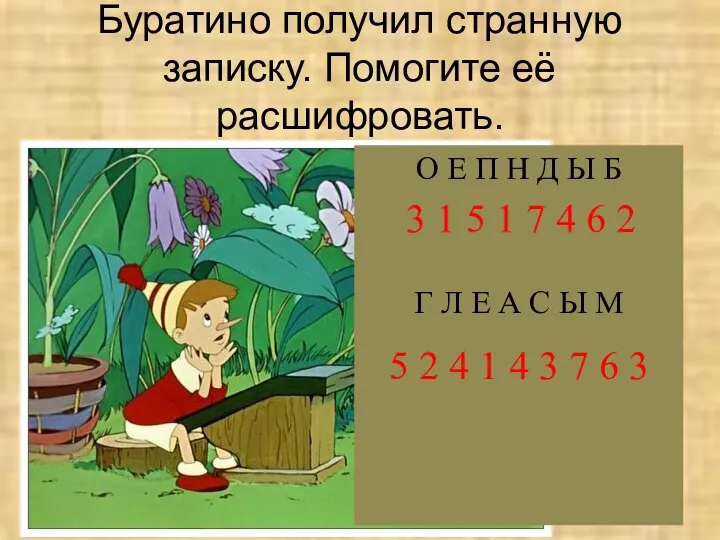 Буратино получил странную записку. Помогите её расшифровать. О Е П Н