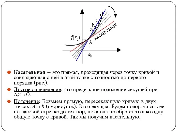 Касательная – это прямая, проходящая через точку кривой и совпадающая с