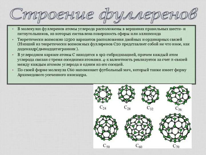 В молекулах фуллеренов атомы углерода расположены в вершинах правильных шести- и