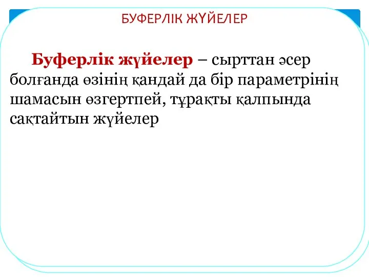 БУФЕРЛІК ЖҮЙЕЛЕР Буферлік жүйелер – сырттан әсер болғанда өзінің қандай да