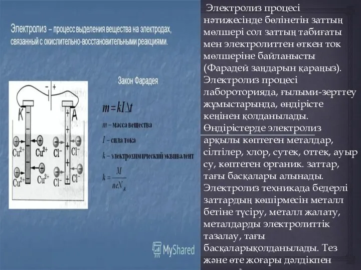 Электролиз процесі нәтижесінде бөлінетін заттың мөлшері сол заттың табиғаты мен электролиттен