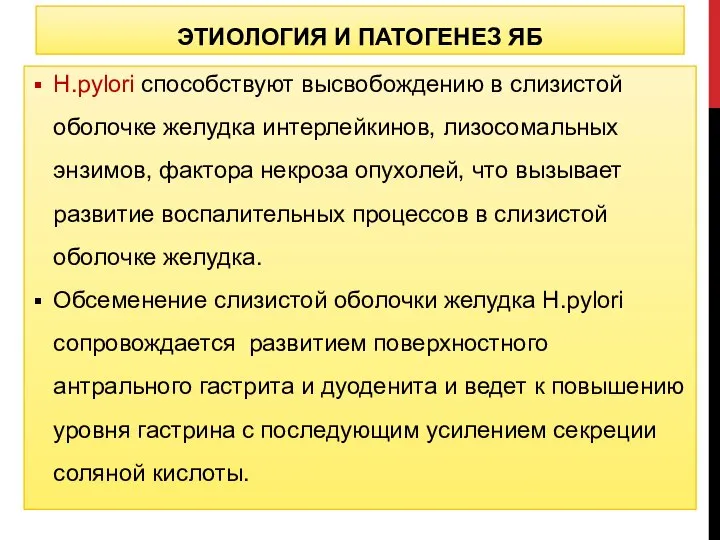 ЭТИОЛОГИЯ И ПАТОГЕНЕЗ ЯБ Н.pylori способствуют высвобождению в слизистой оболочке желудка