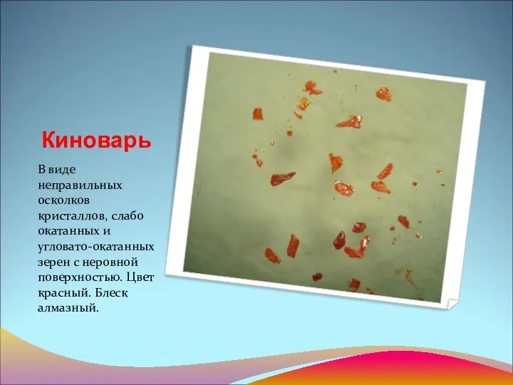 Киноварь В виде неправильных осколков кристаллов, слабо окатанных и угловато-окатанных зерен