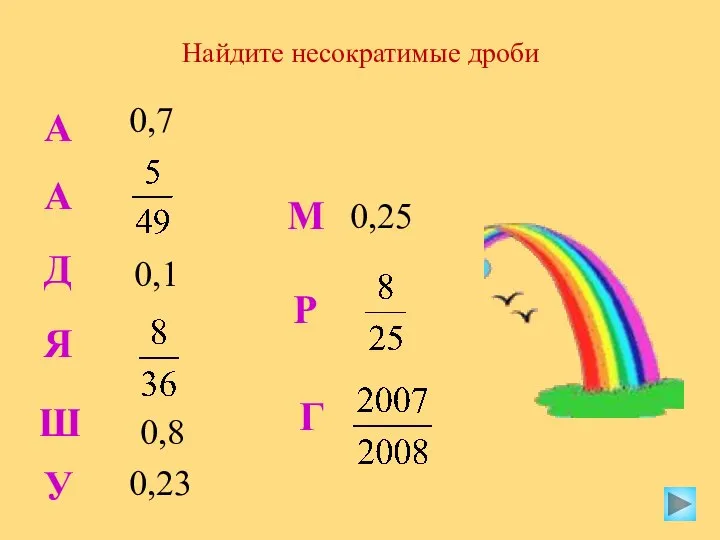 Найдите несократимые дроби Р А А Д У Г Ш Я