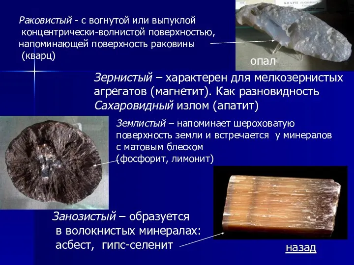 Раковистый - с вогнутой или выпуклой концентрически-волнистой поверхностью, напоминающей поверхность раковины