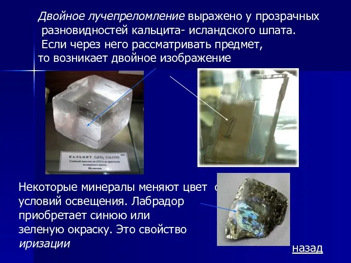 Двойное лучепреломление выражено у прозрачных разновидностей кальцита- исландского шпата. Если через