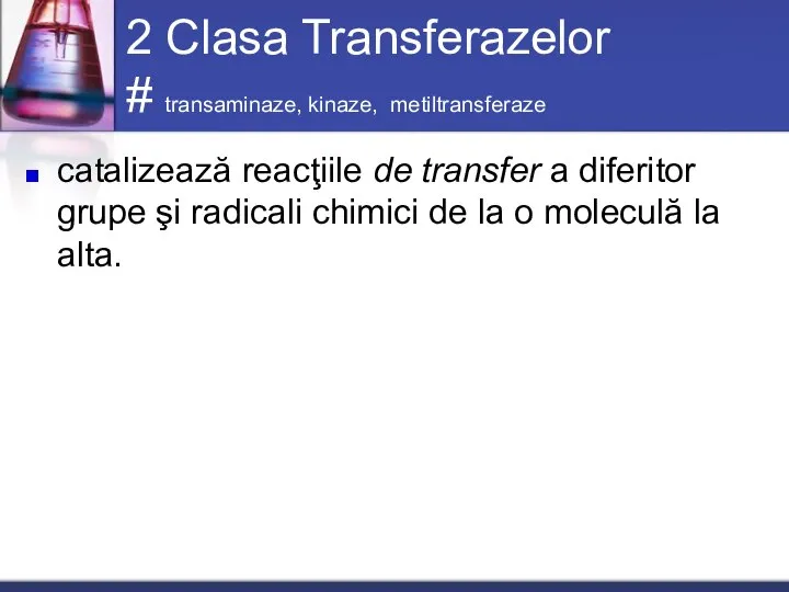 2 Clasa Transferazelor # transaminaze, kinaze, metiltransferaze catalizează reacţiile de transfer