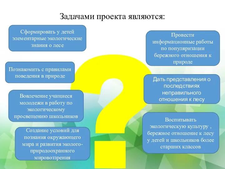 Задачами проекта являются: ? Сформировать у детей элементарные экологические знания о